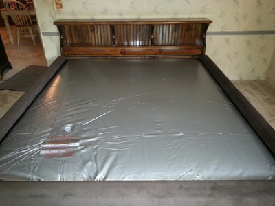 Bookcase Waterbed Headboard, the Pinewood, with Jumbo Padded Rails and a Full Motion Waterbed Mattress
